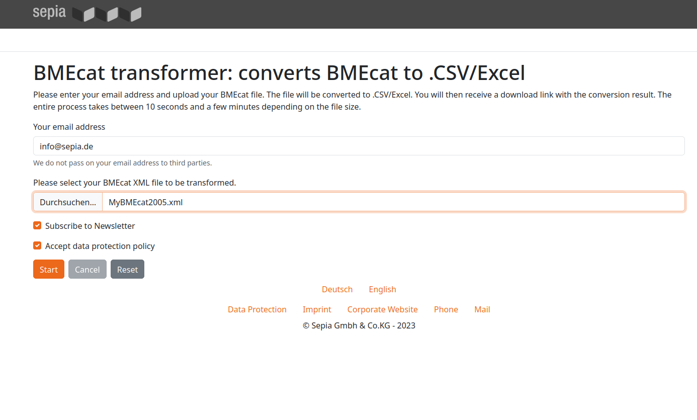 Screenshot Online BMECat Converter nach CSV bzw. Excel