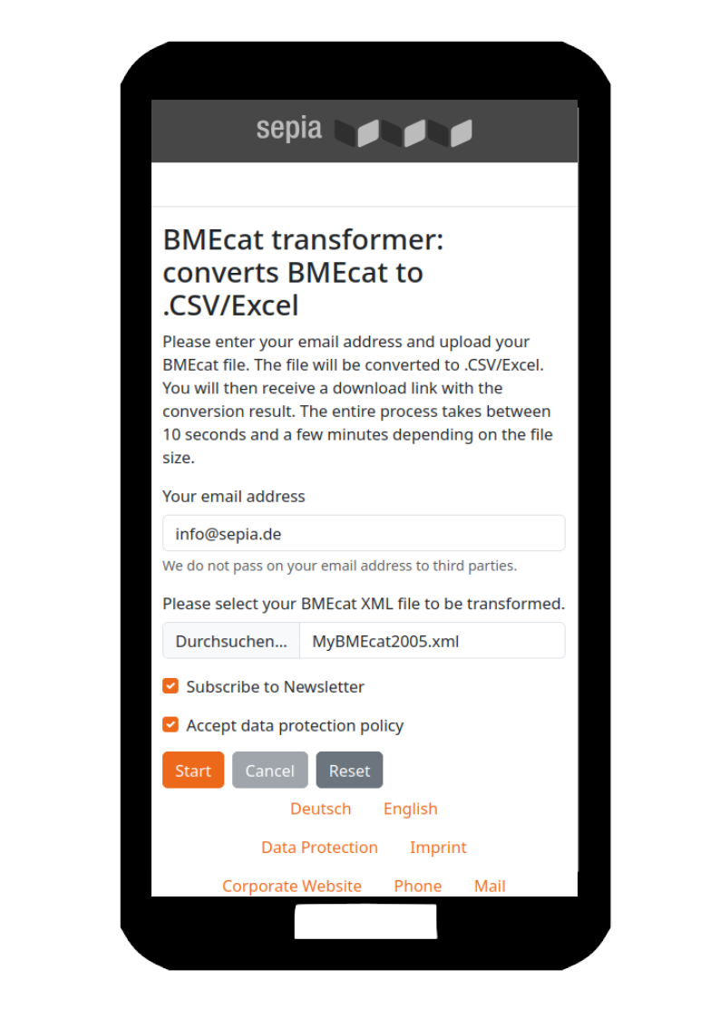 Screenshot Online BMECat Converter nach CSV bzw. Excel