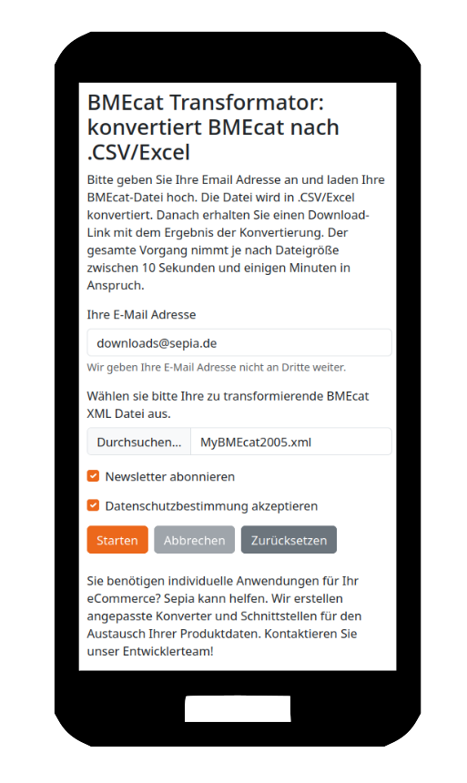 Screenshot Online BMECat Converter nach CSV bzw. Excel