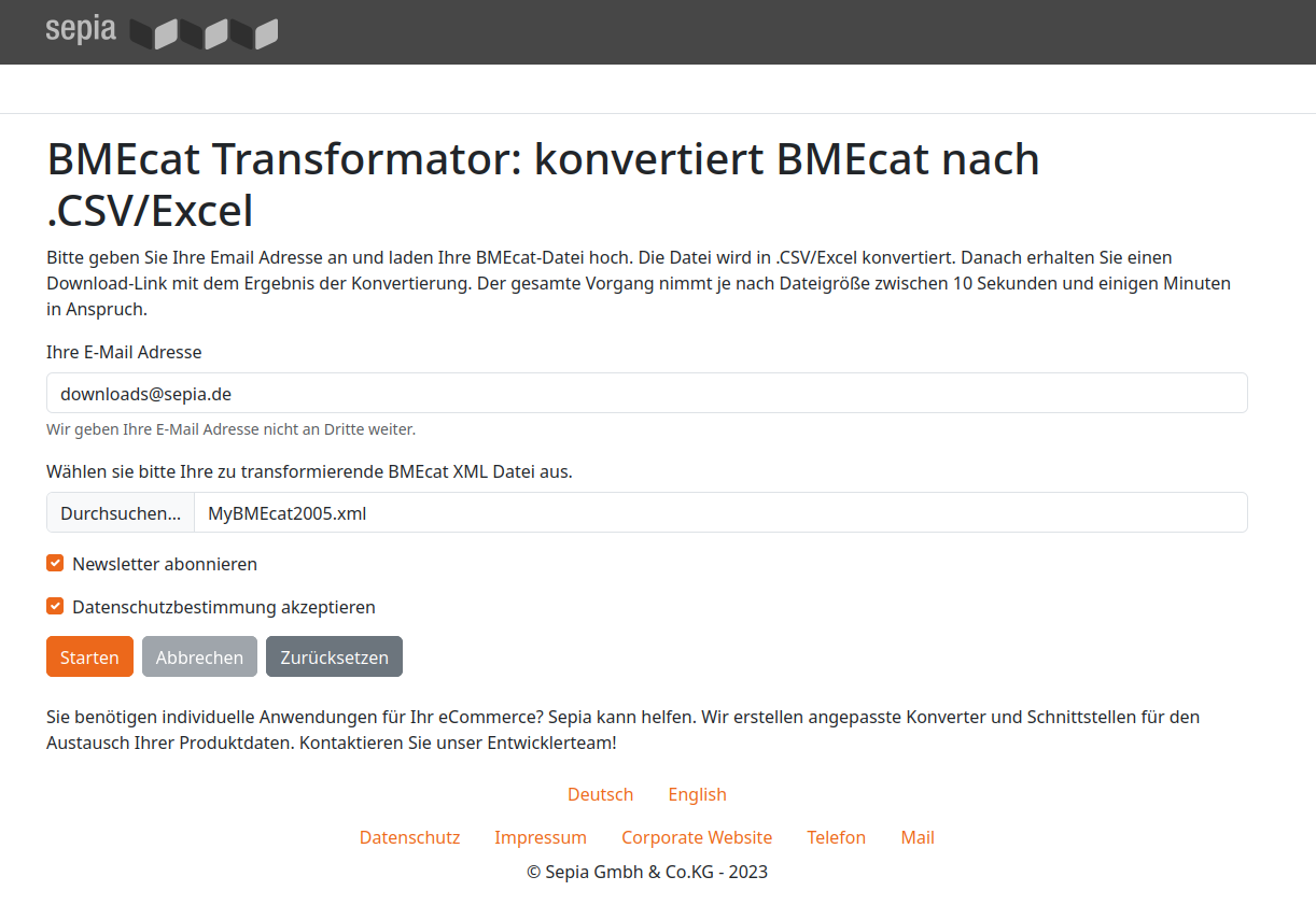 Screenshot Online BMECat Converter nach CSV bzw. Excel