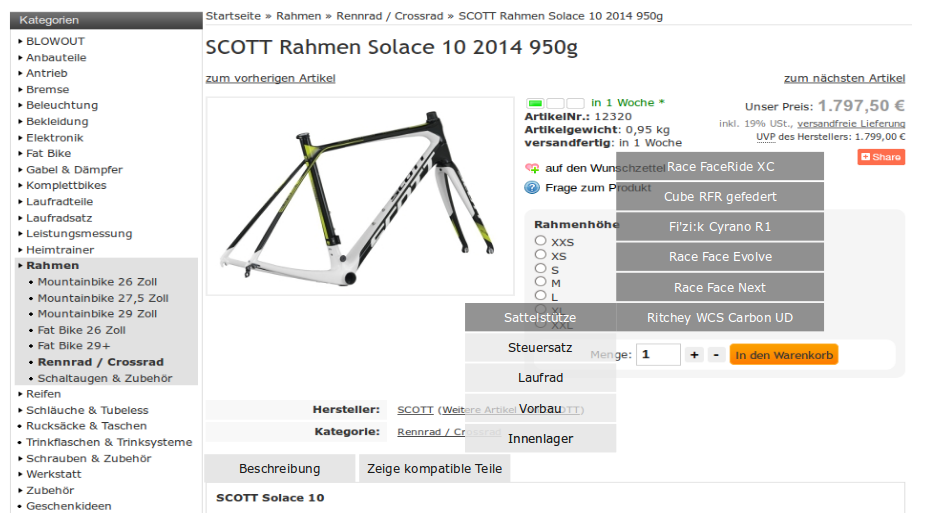 Product Configuration: Finding compatible products in a web shop for bike parts via Alterra PCM.