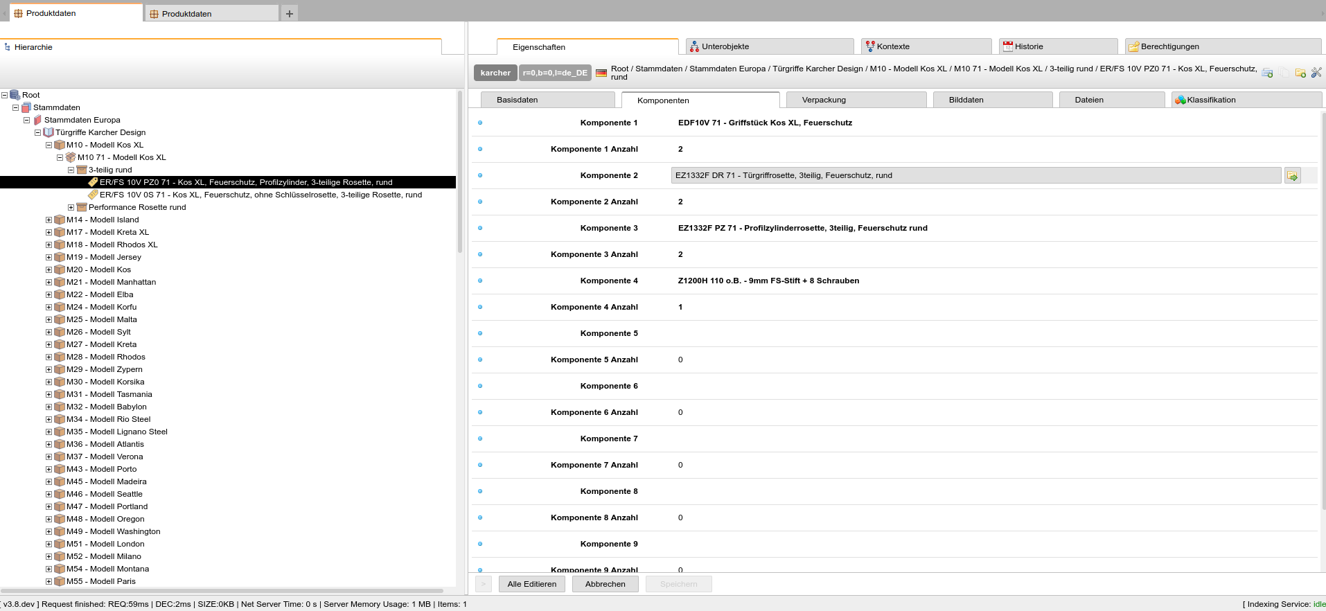 In Alterra::PIM the components can be assigned to a model – as here: 3 components