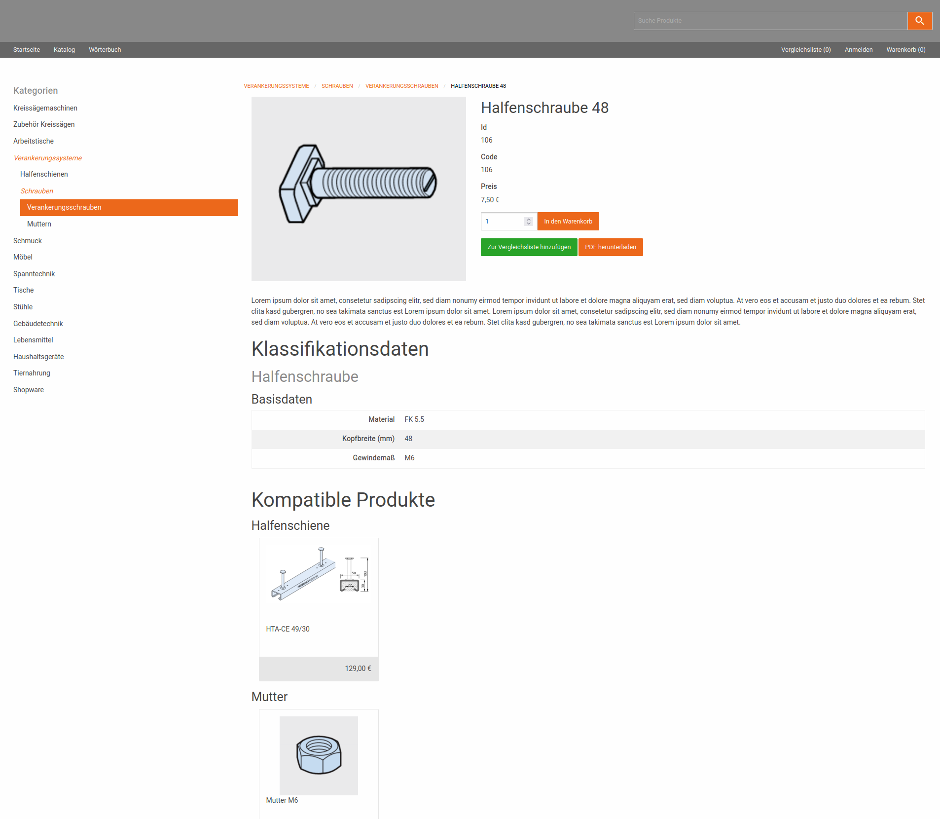 Example for the display of compatible products; here: construction fittings