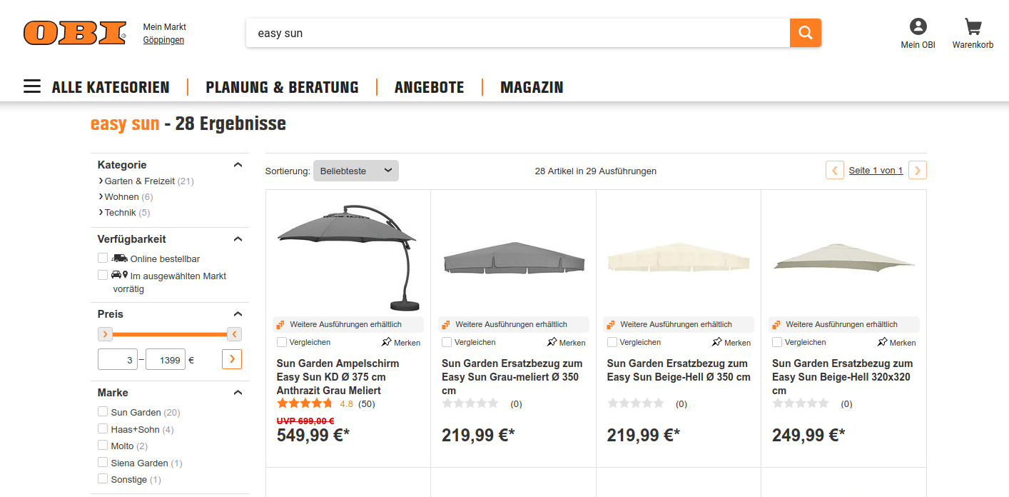 SUN GARDEN Produkte bei allen großen Handelsketten - hier OBI